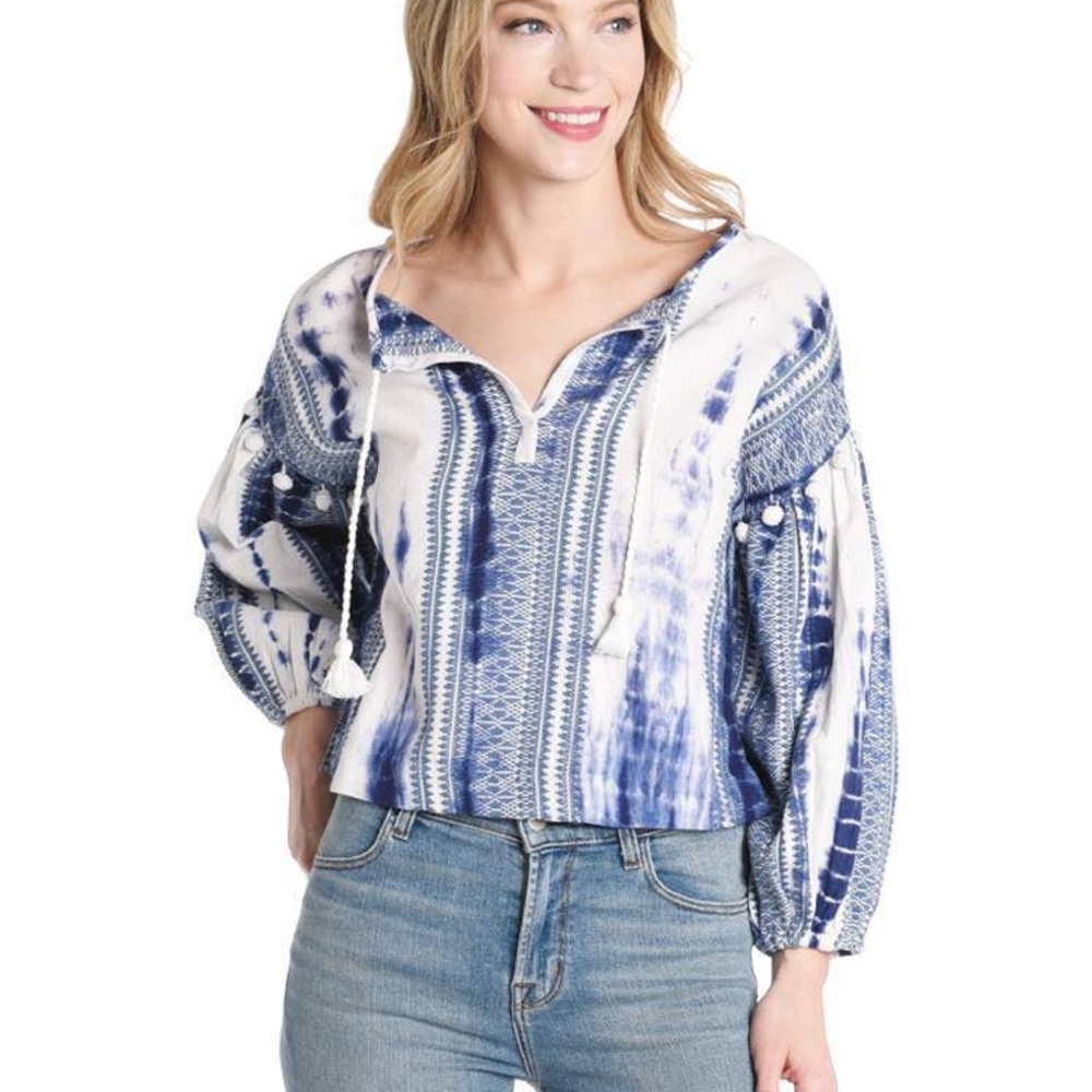 SAYLOR Dorthea Blue and White Patterned Blouse with pom poms